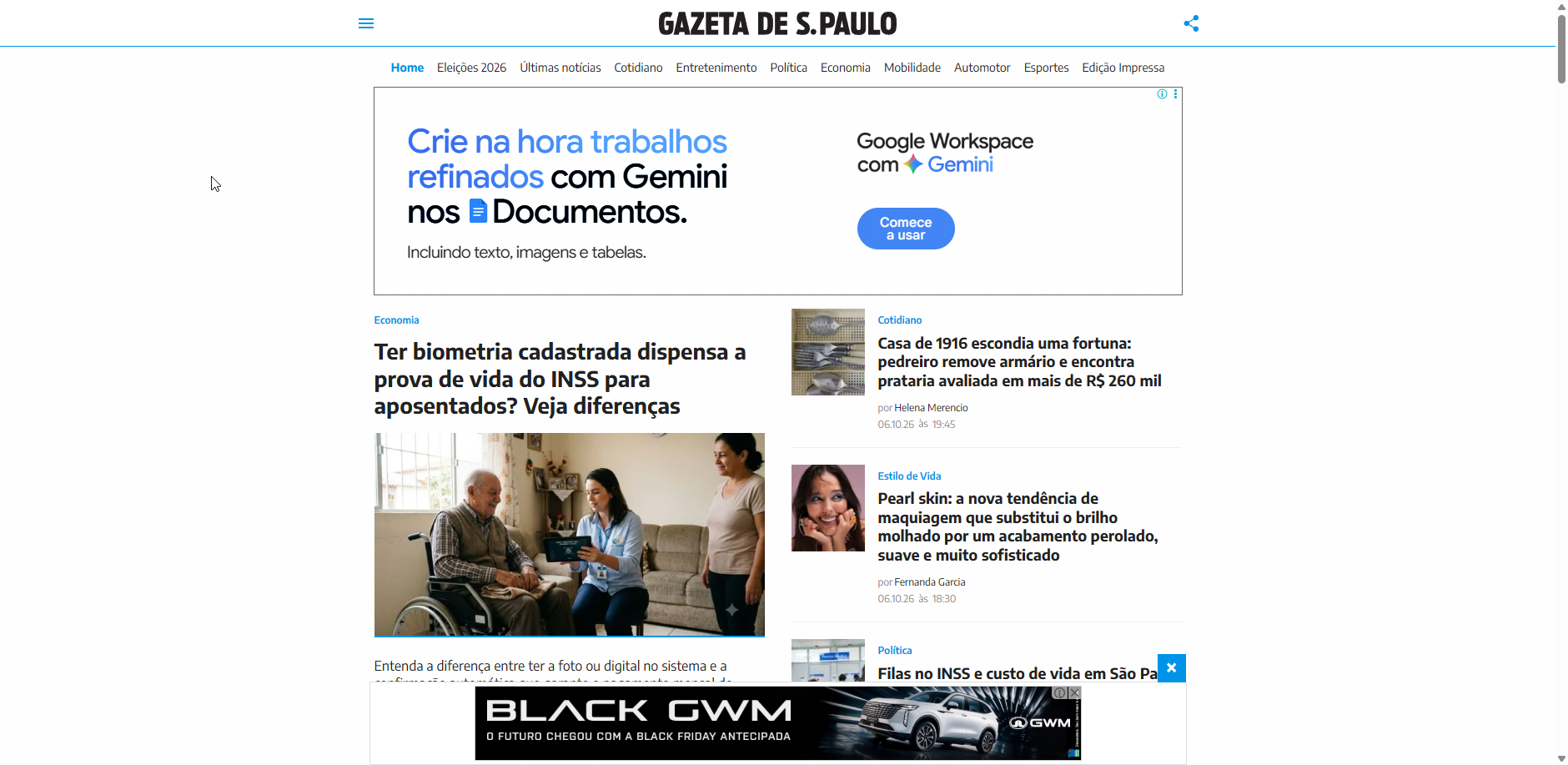 Screenshot do site Gazeta de S. Paulo